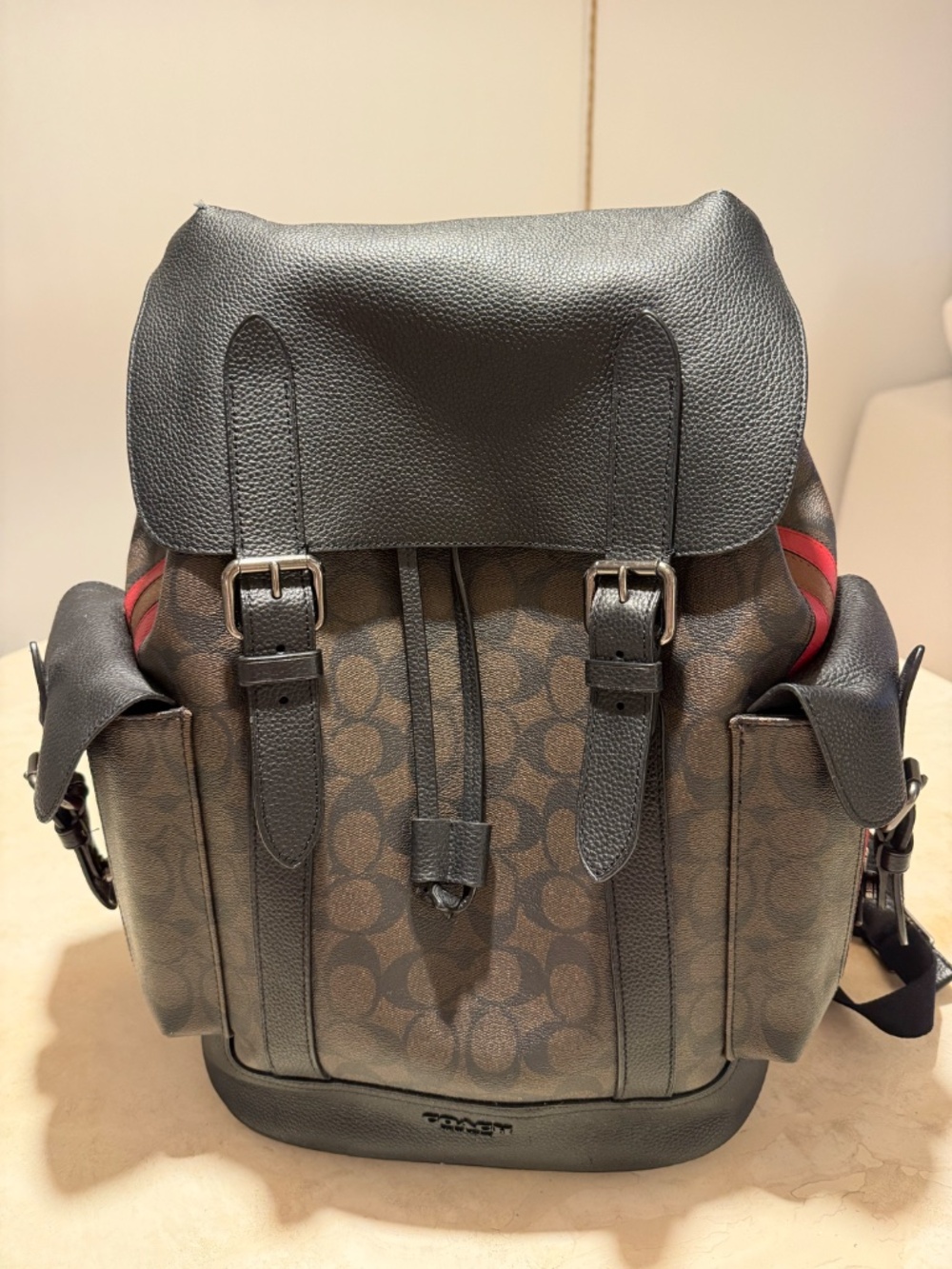 COACH Hitch Backpack in Signature Canvas and Black leather with Laptop Sleeve